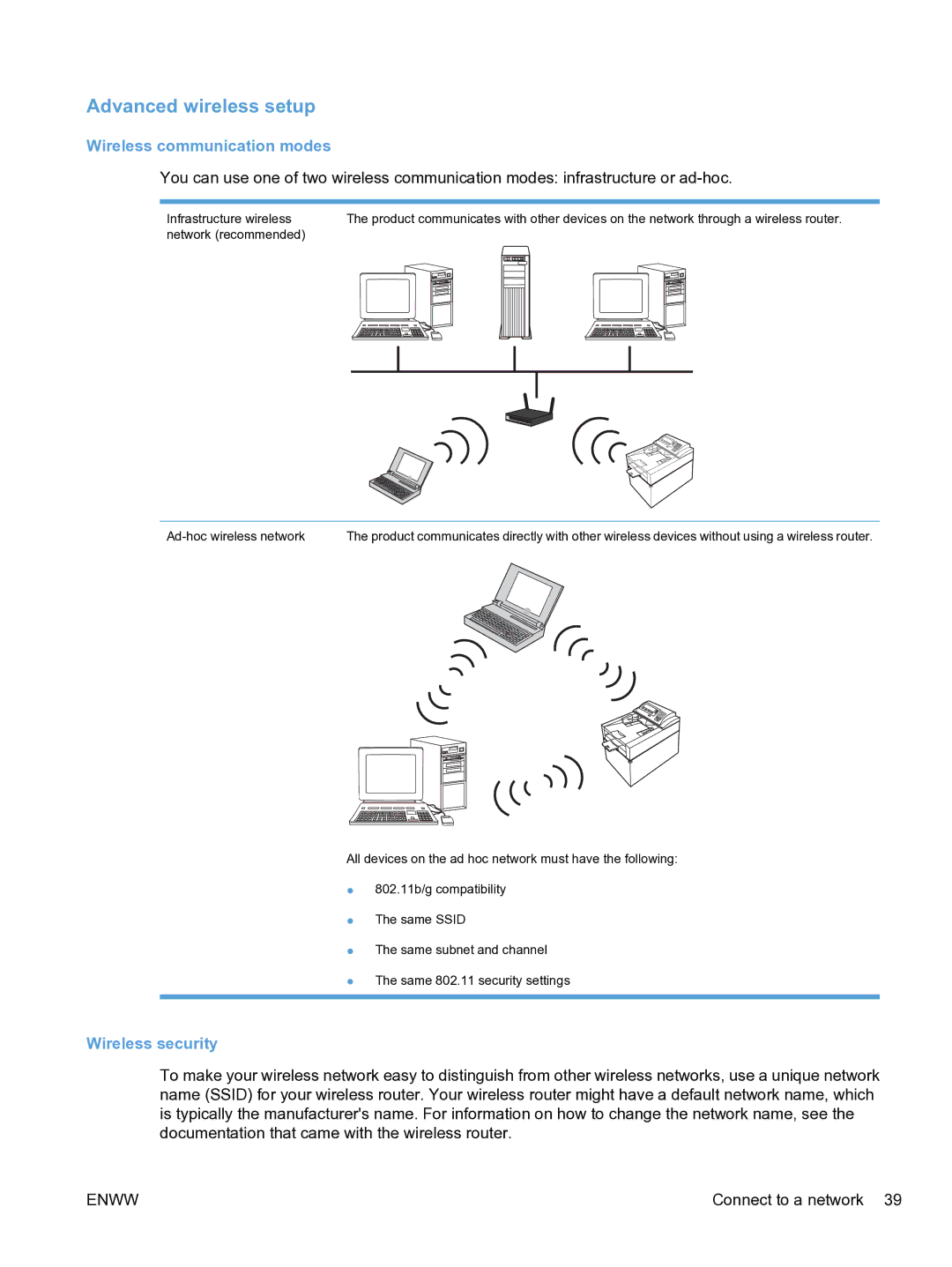 HP CP1520 manual Advanced wireless setup, Wireless communication modes, Wireless security 