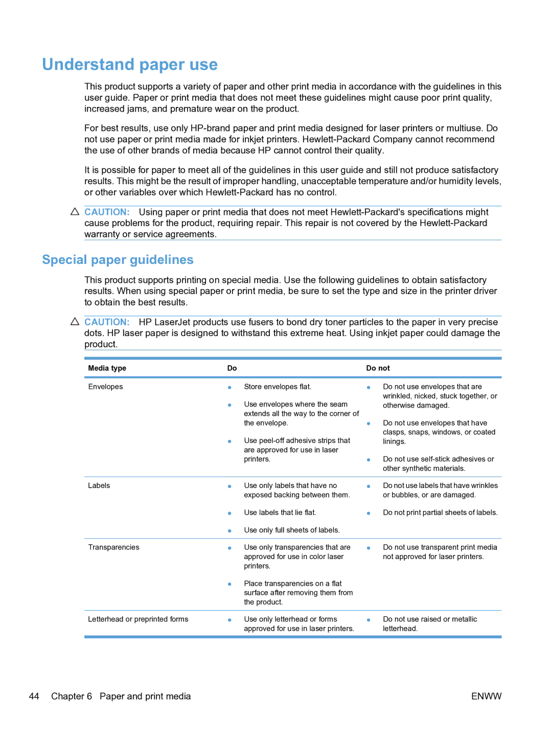 HP CP1520 manual Understand paper use, Special paper guidelines, Media type 