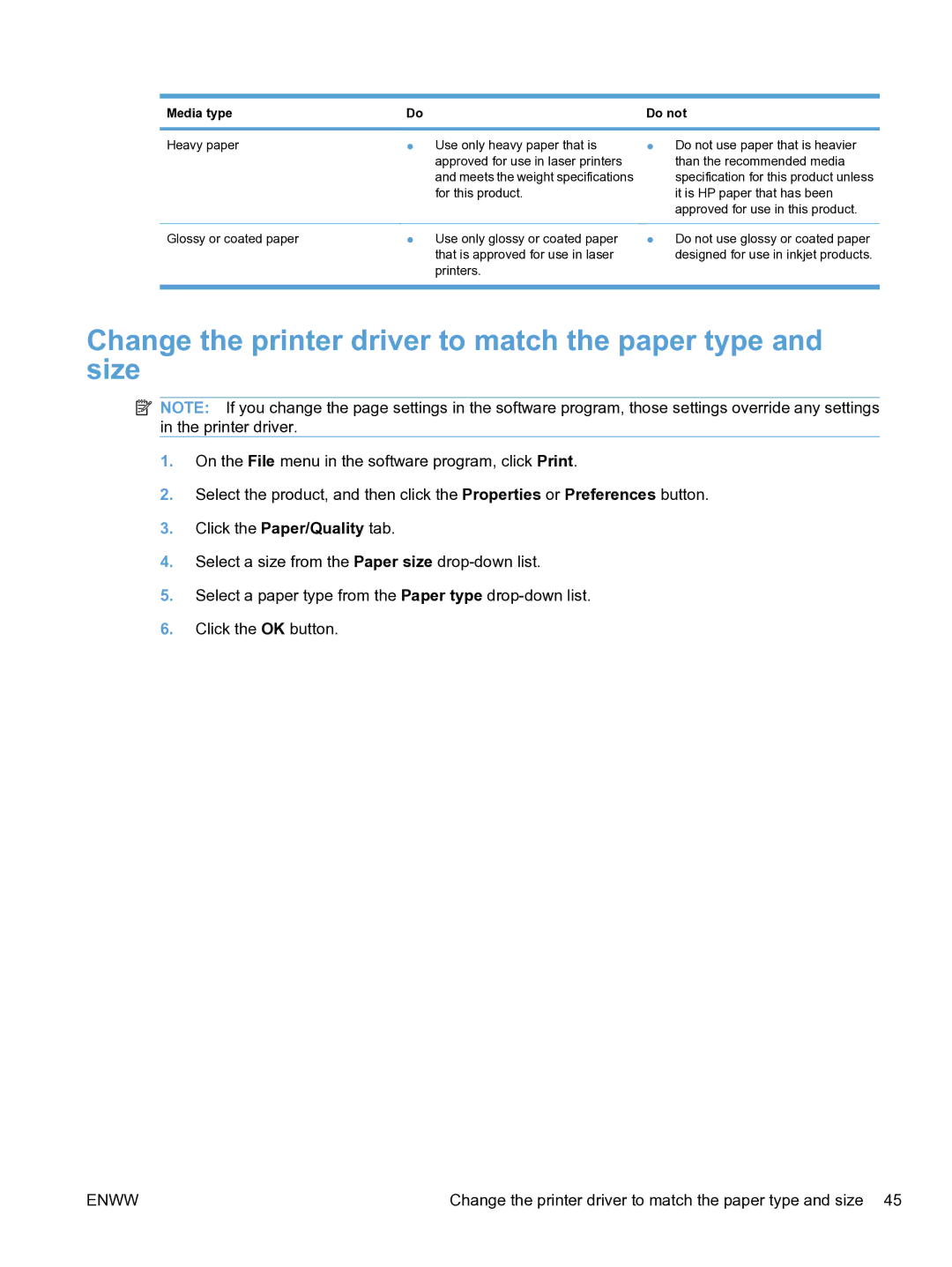 HP CP1520 manual Change the printer driver to match the paper type and size, Media type Do not 