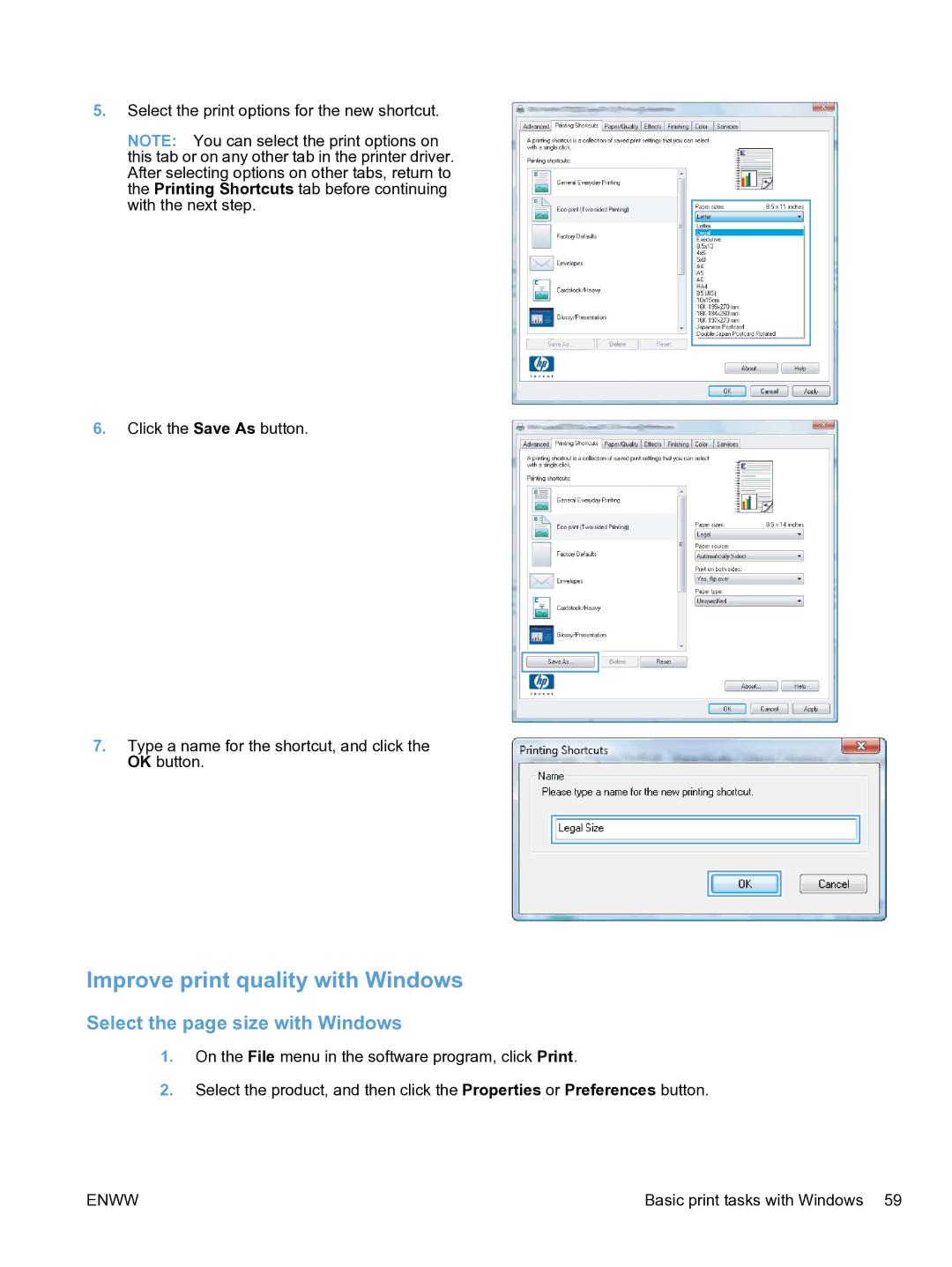 HP CP1520 manual Improve print quality with Windows, Select the page size with Windows 