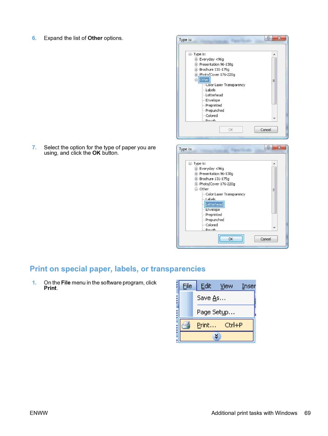 HP CP1520 manual Print on special paper, labels, or transparencies 