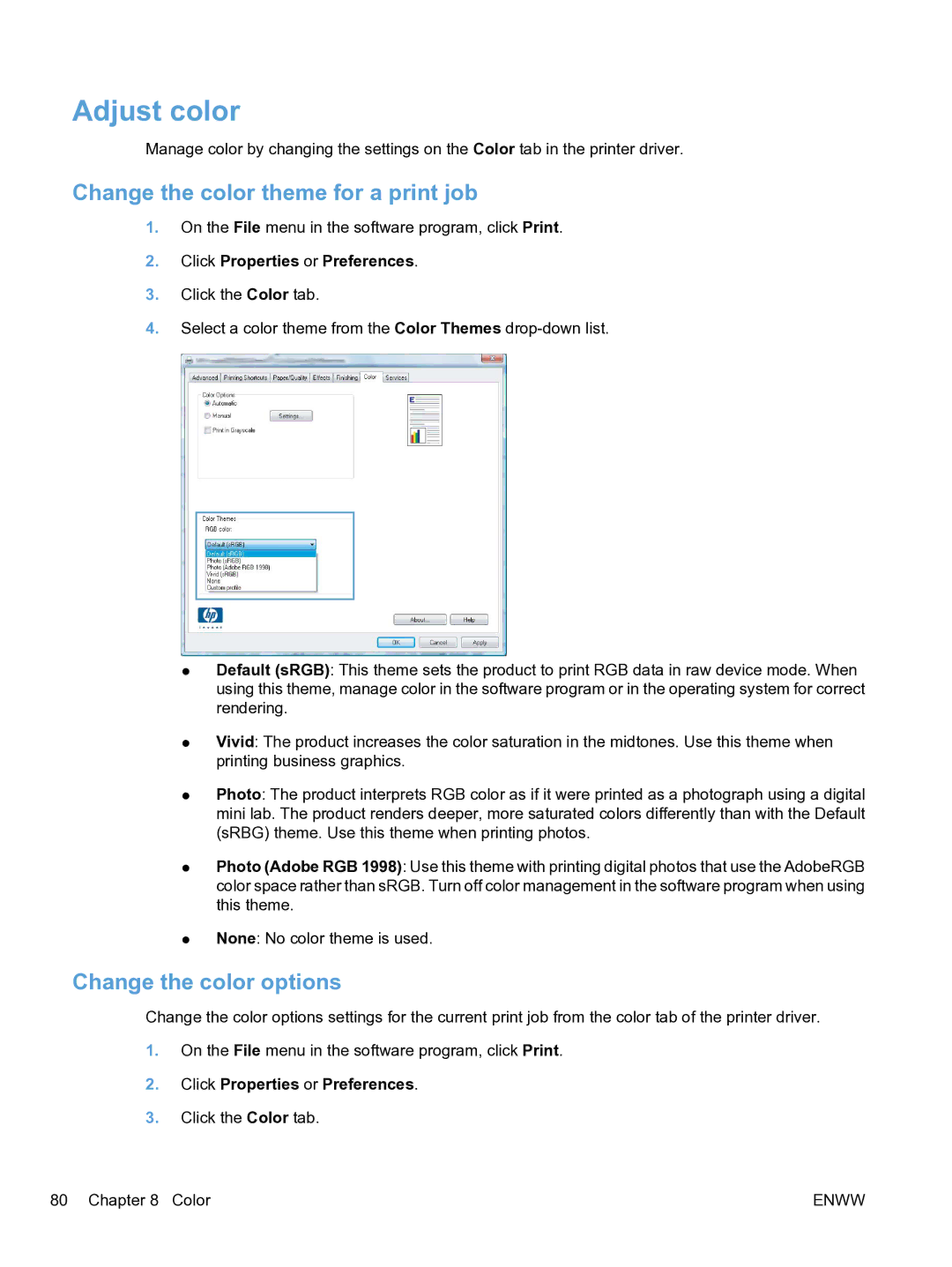 HP CP1520 manual Adjust color, Change the color theme for a print job, Change the color options 