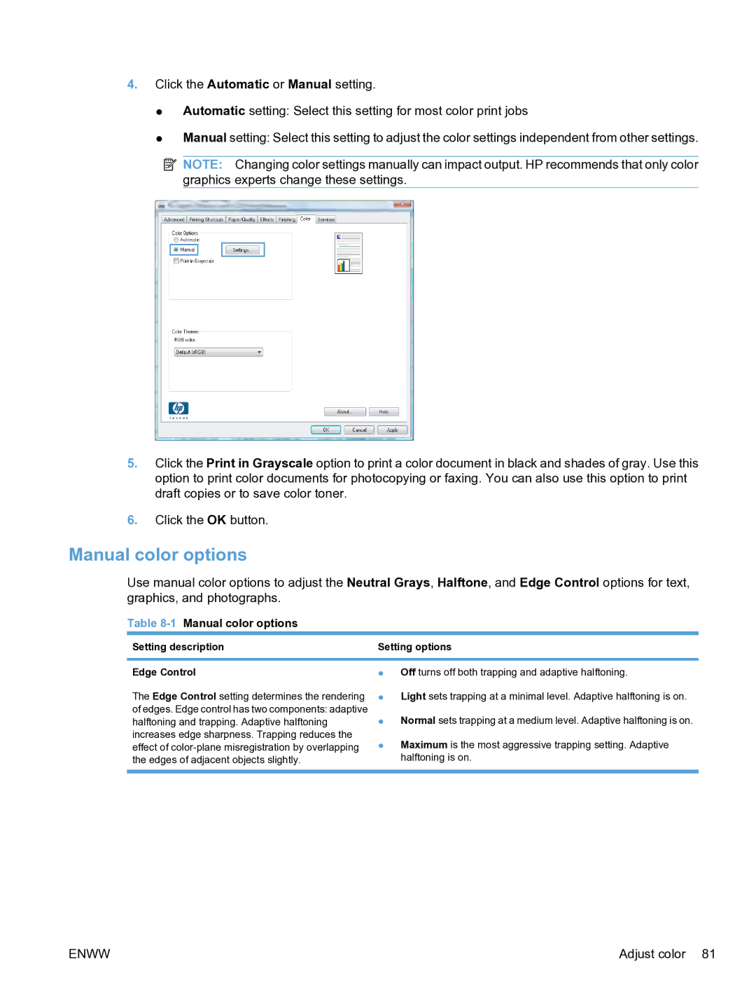 HP CP1520 manual Manual color options, Setting description, Edge Control 