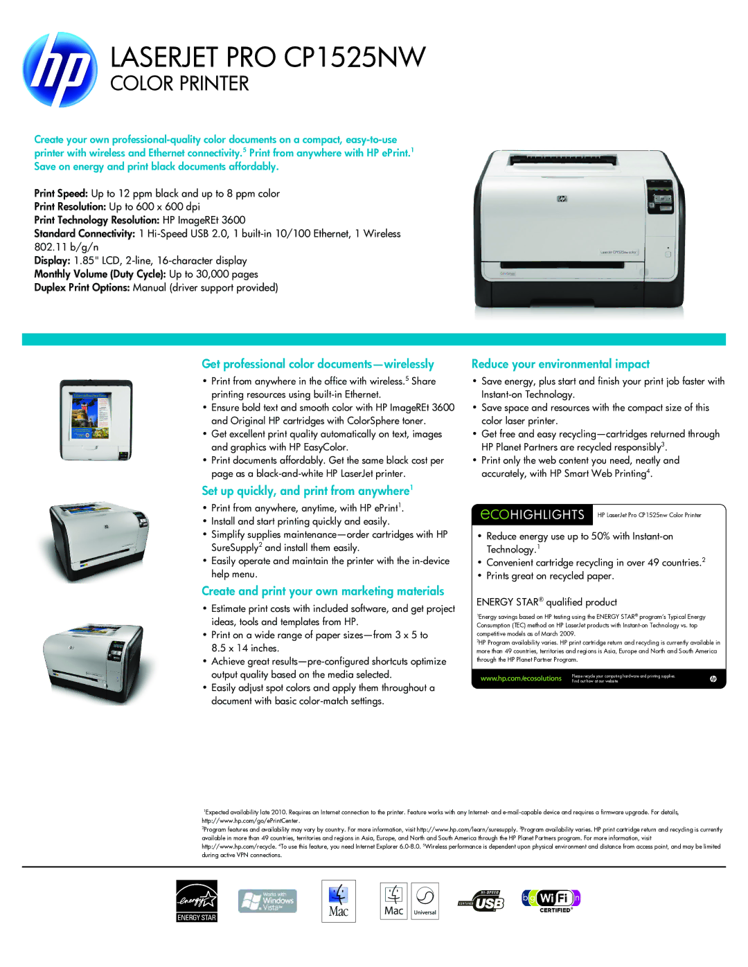 HP CP1525NW manual Get professional color documents-wirelessly, Set up quickly, and print from anywhere1 