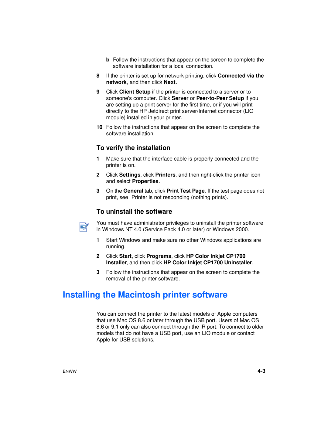 HP cp1700 manual Installing the Macintosh printer software, To verify the installation, To uninstall the software 