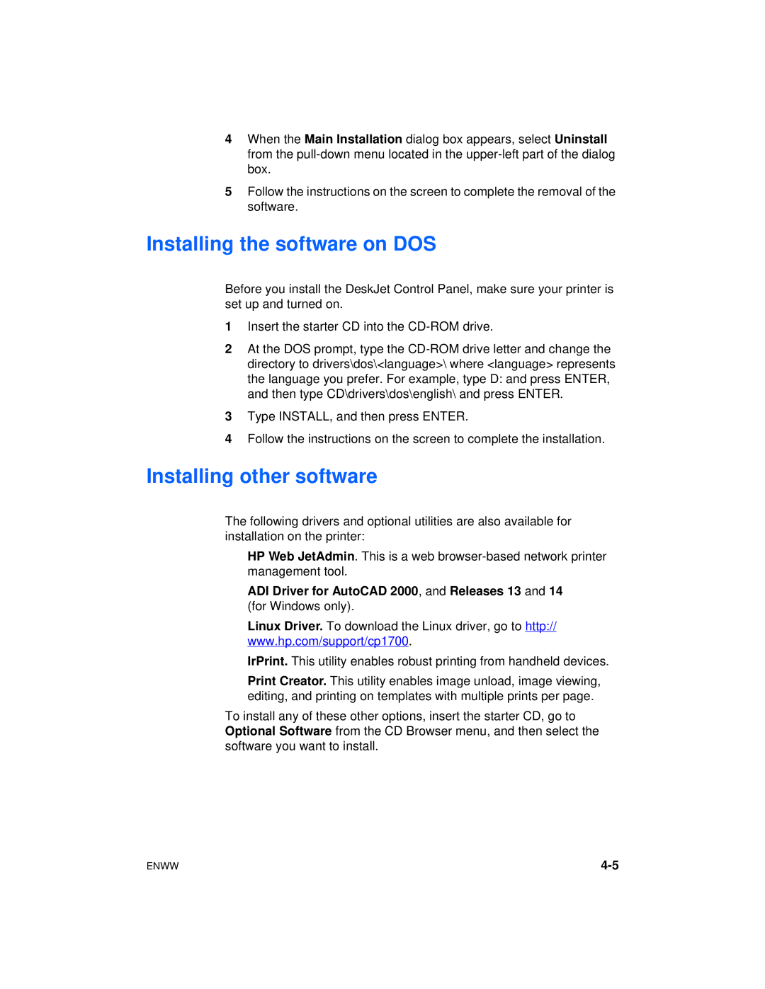 HP cp1700 manual Installing the software on DOS, Installing other software 