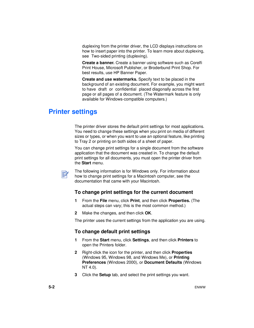 HP cp1700 manual Printer settings, To change print settings for the current document, To change default print settings 