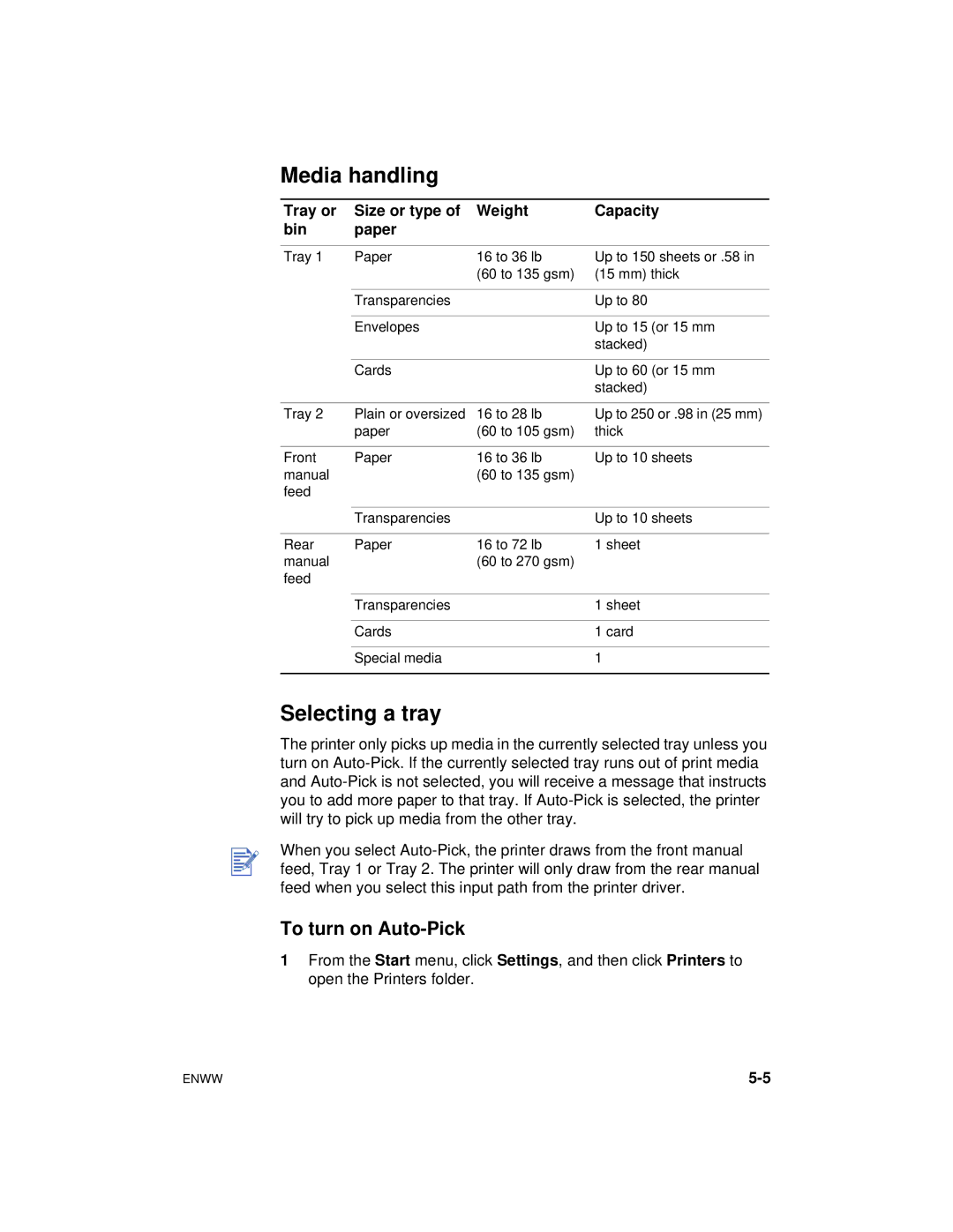 HP cp1700 manual Media handling, Selecting a tray, To turn on Auto-Pick 