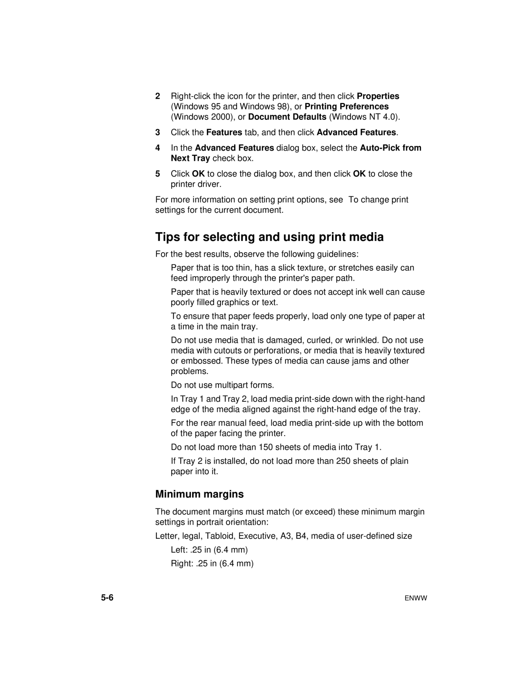 HP cp1700 manual Tips for selecting and using print media, Minimum margins 