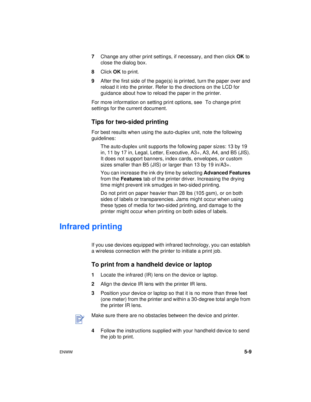 HP cp1700 manual Infrared printing, Tips for two-sided printing, To print from a handheld device or laptop 