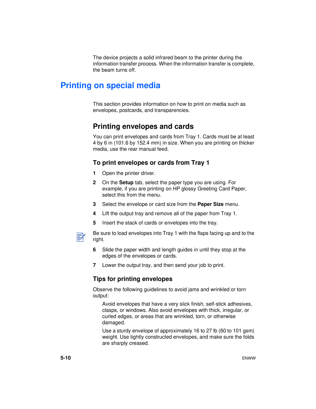 HP cp1700 manual Printing on special media, Printing envelopes and cards, To print envelopes or cards from Tray 