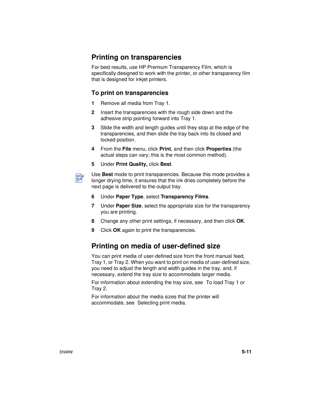 HP cp1700 manual Printing on transparencies, Printing on media of user-defined size, To print on transparencies 