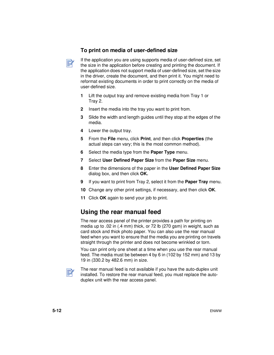 HP cp1700 Using the rear manual feed, To print on media of user-defined size 