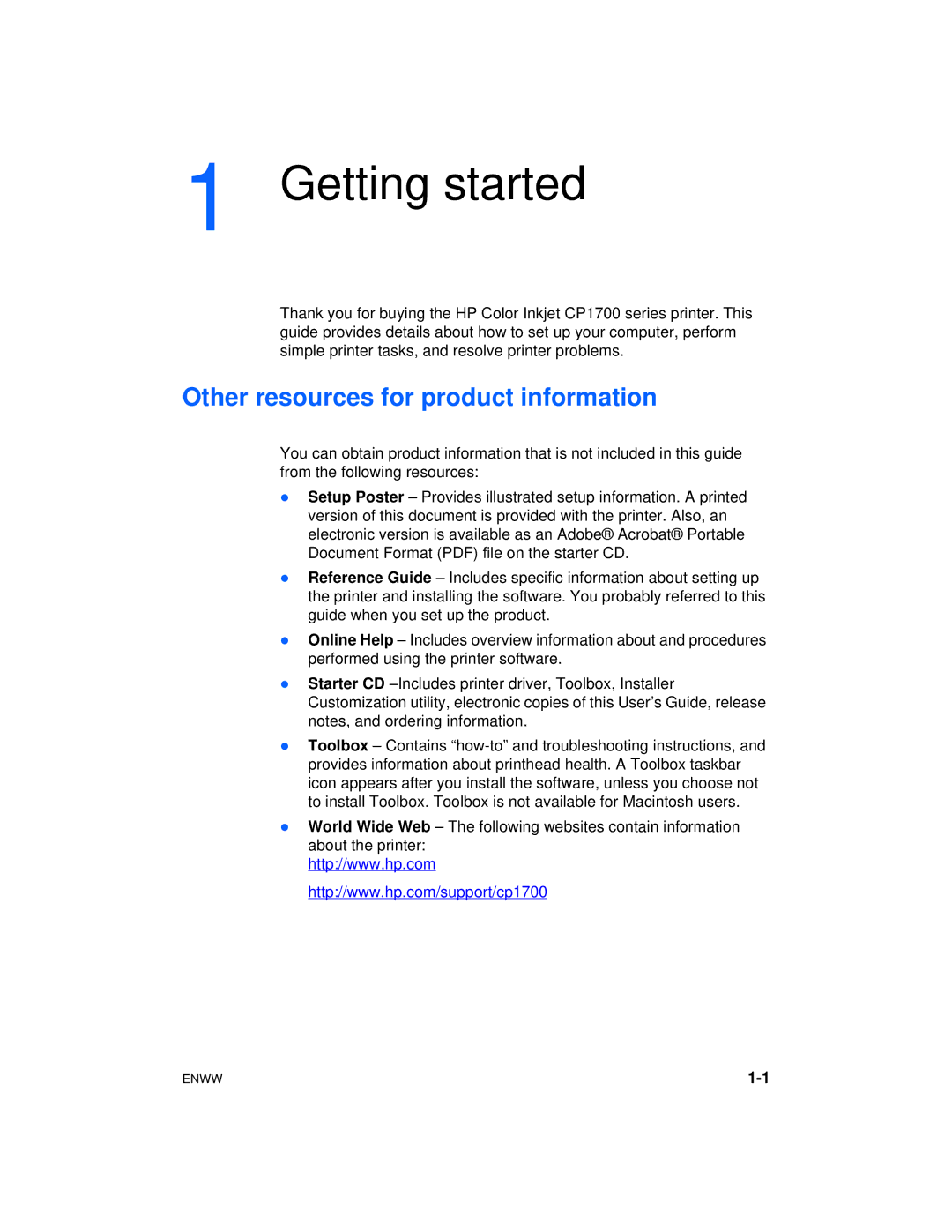 HP cp1700 manual Getting started, Other resources for product information 