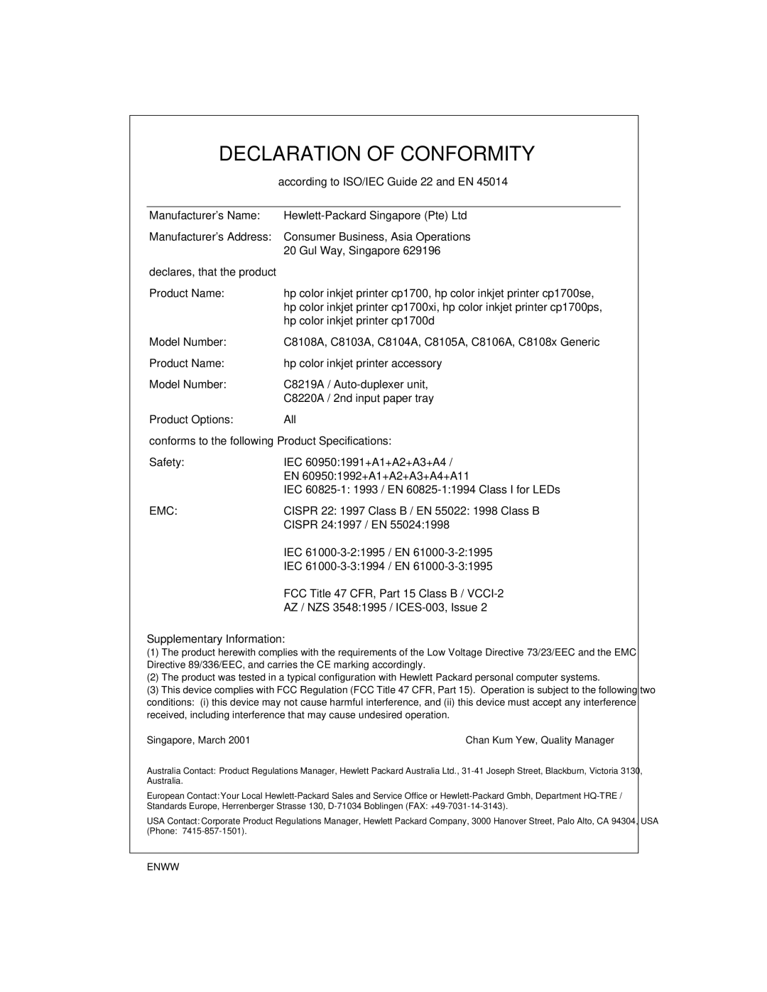 HP cp1700 manual Declaration of Conformity 