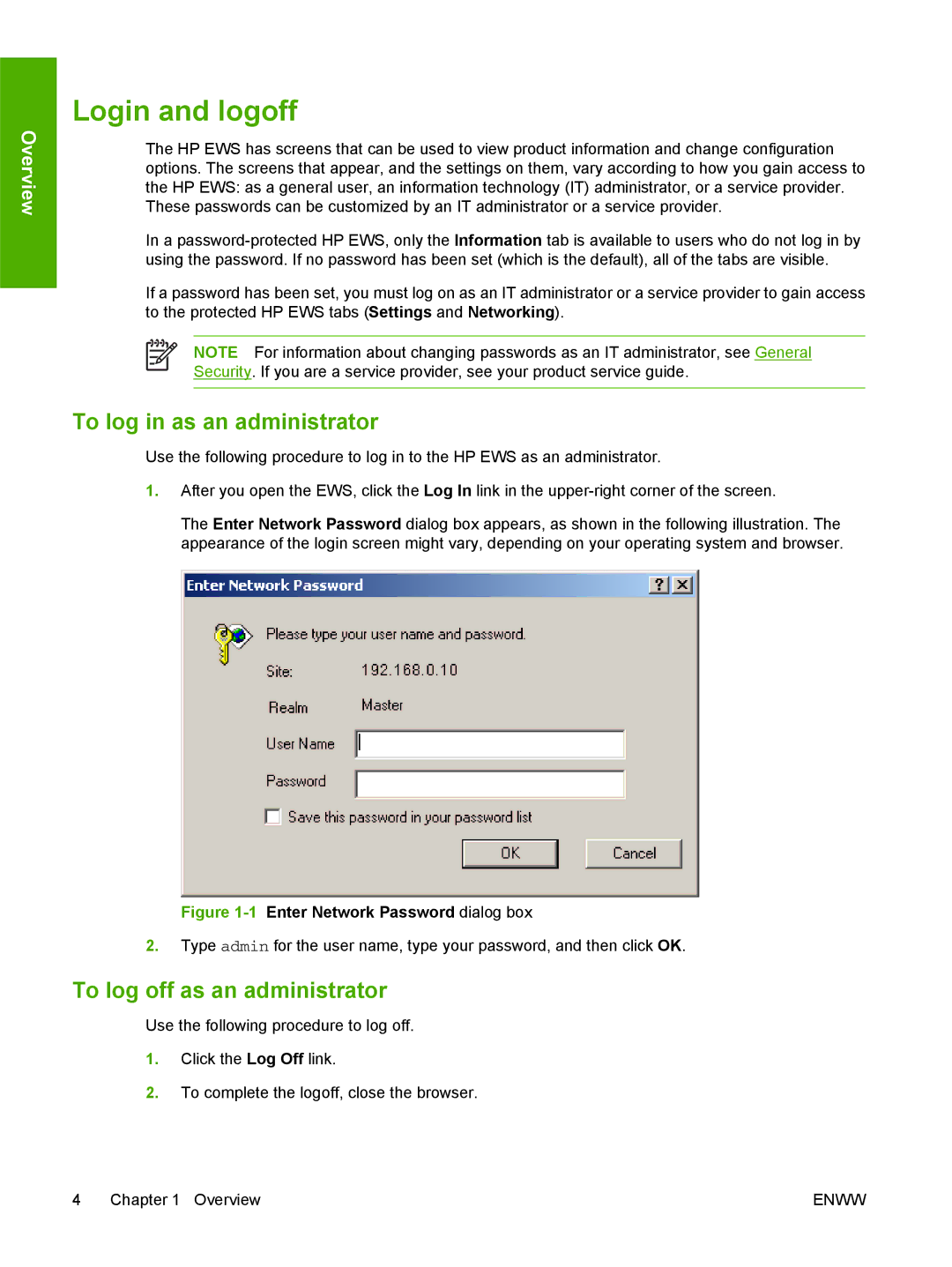 HP CP3505 manual Login and logoff, To log in as an administrator, To log off as an administrator 