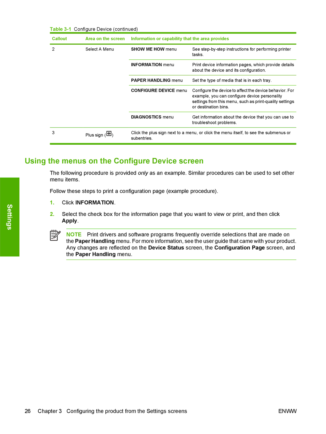 HP CP3505 manual Using the menus on the Configure Device screen, Information menu 