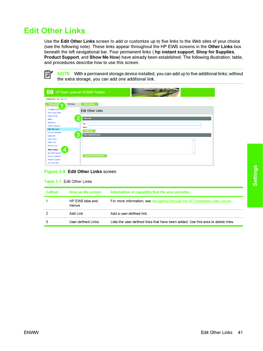 HP CP3505 manual Edit Other Links screen 