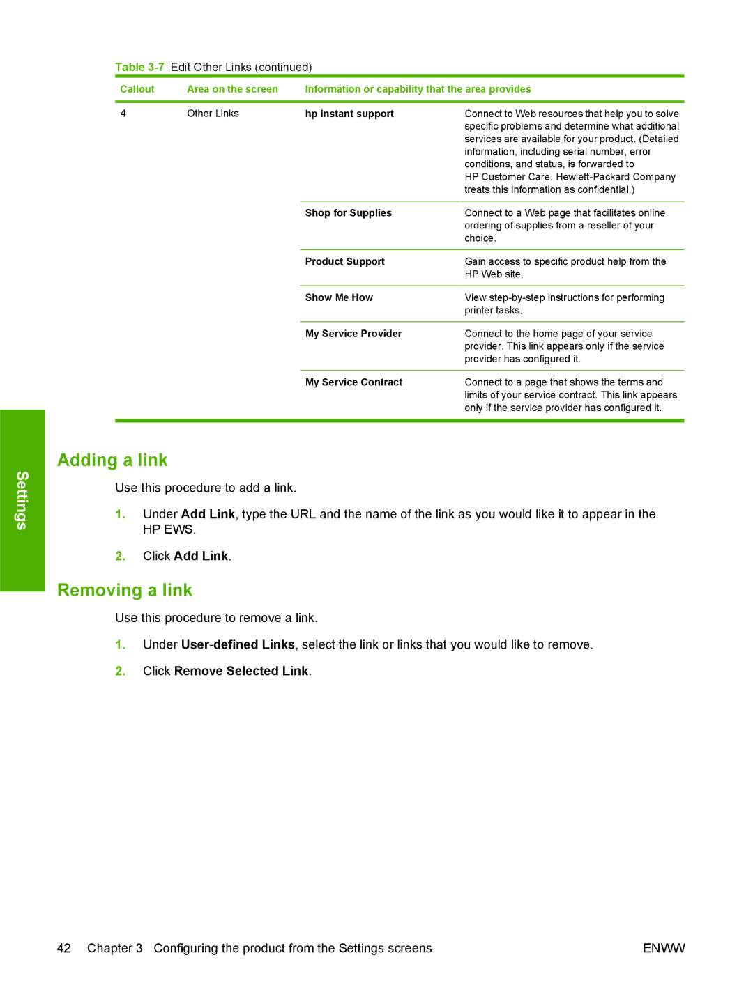 HP CP3505 manual Adding a link, Removing a link, 7Edit Other Links 