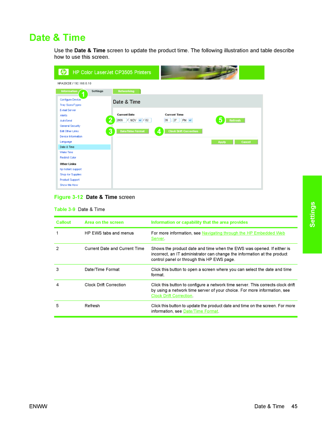 HP CP3505 manual 9Date & Time 
