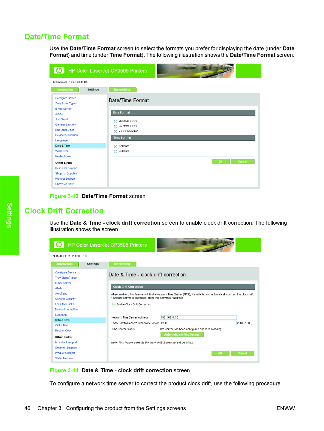 HP CP3505 manual Date/Time Format, Clock Drift Correction 