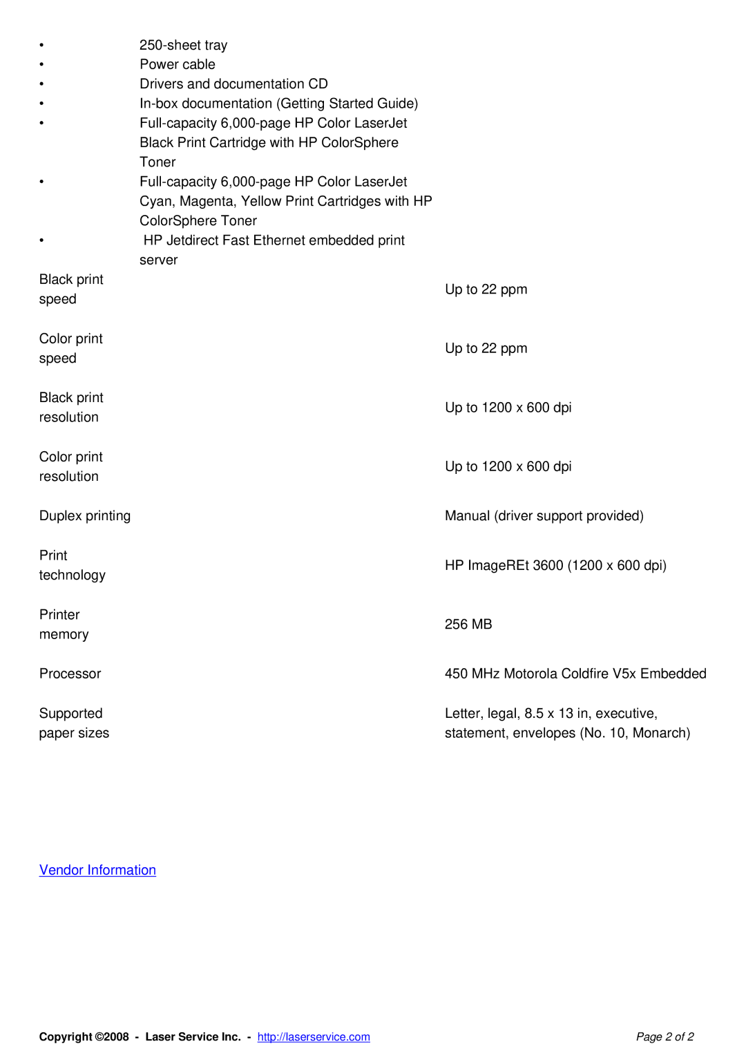 HP CP3505n manual Vendor Information 