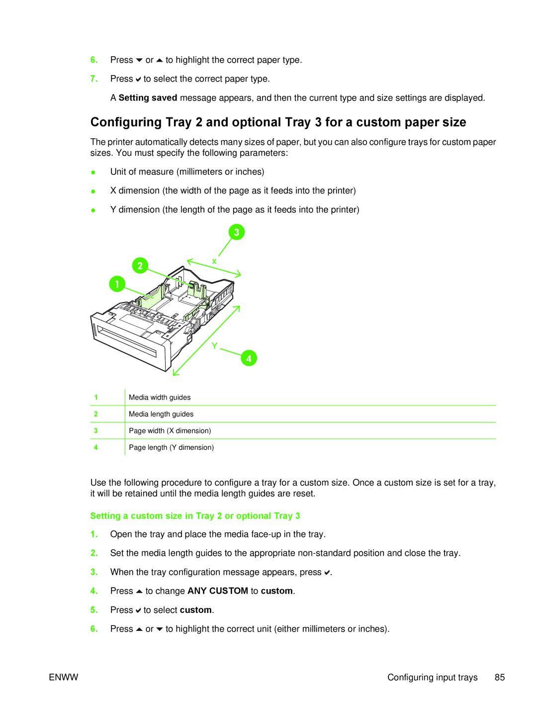 HP CP4005 manual Setting a custom size in Tray 2 or optional Tray 