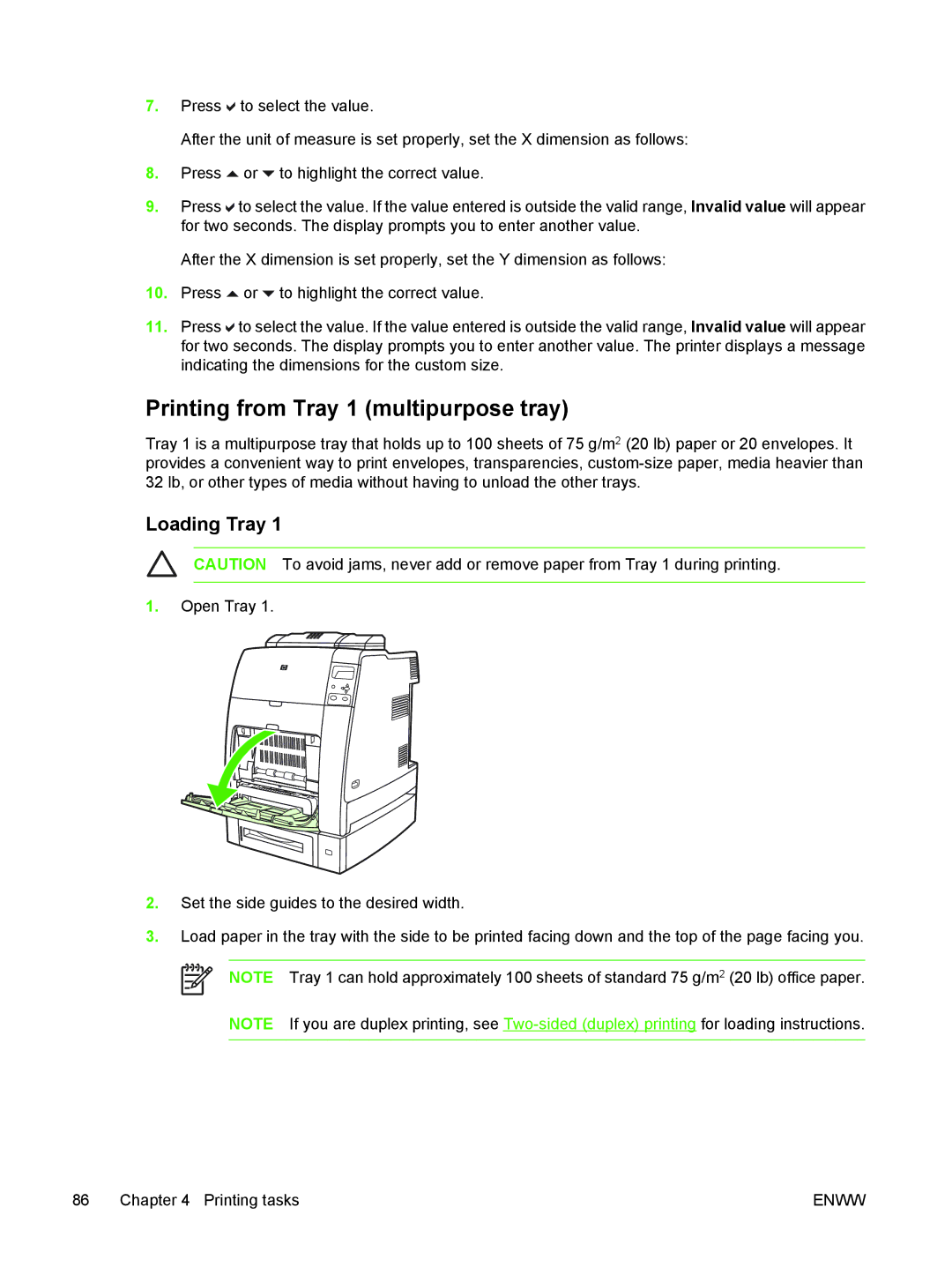 HP CP4005 manual Printing from Tray 1 multipurpose tray, Loading Tray 