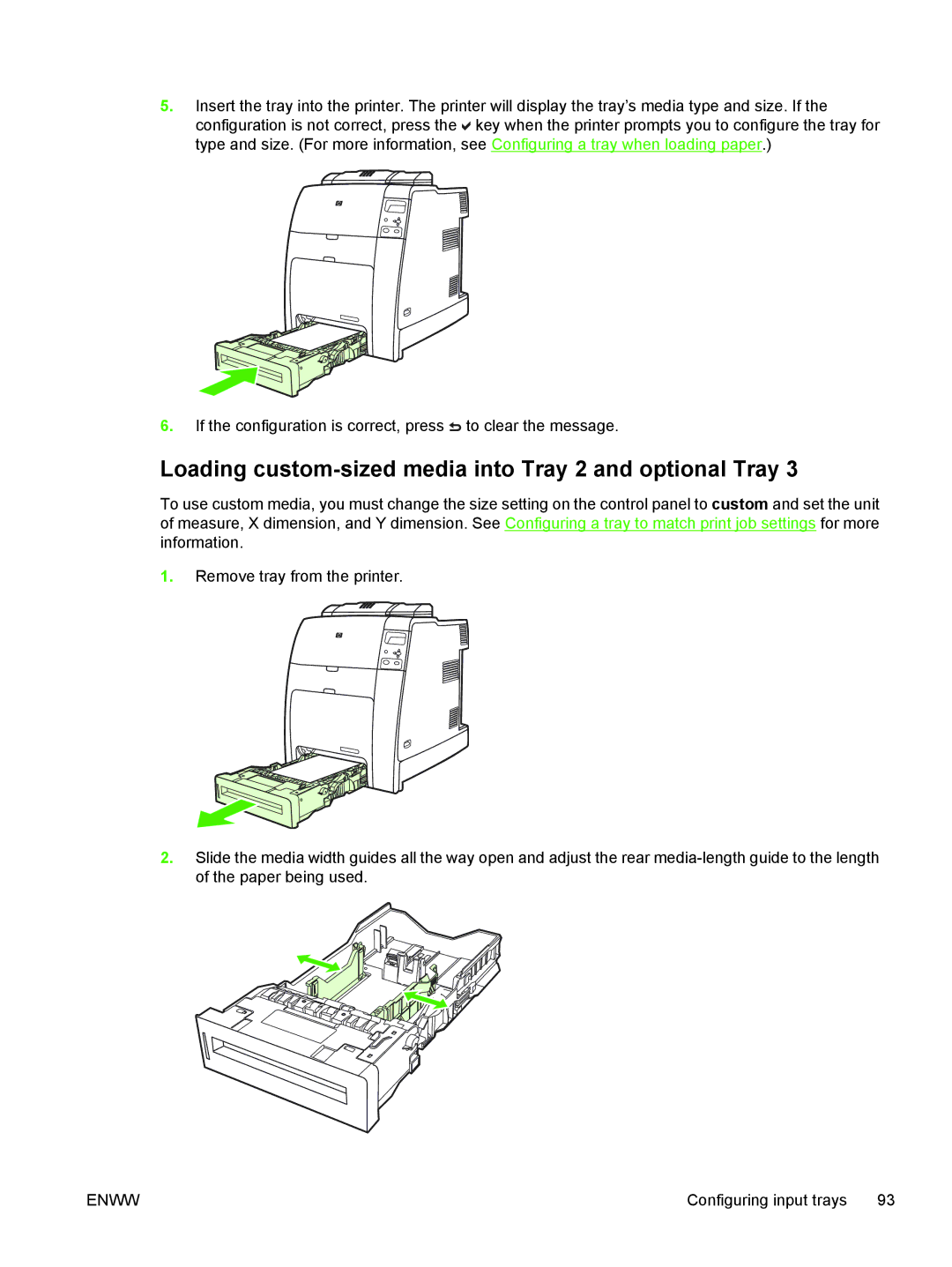 HP CP4005 manual Loading custom-sized media into Tray 2 and optional Tray 