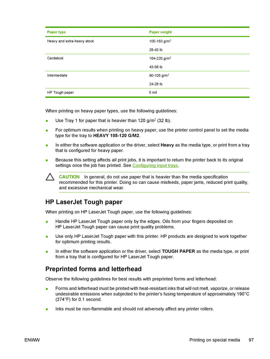 HP CP4005 manual HP LaserJet Tough paper, Preprinted forms and letterhead, Paper type Paper weight 