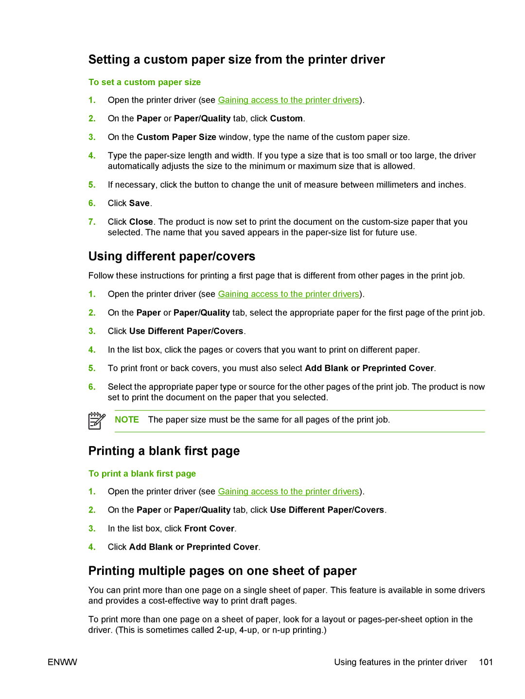 HP CP4005 manual Setting a custom paper size from the printer driver, Using different paper/covers, Printing a blank first 