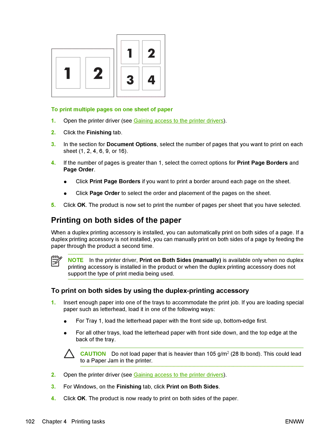 HP CP4005 manual Printing on both sides of the paper, To print multiple pages on one sheet of paper 