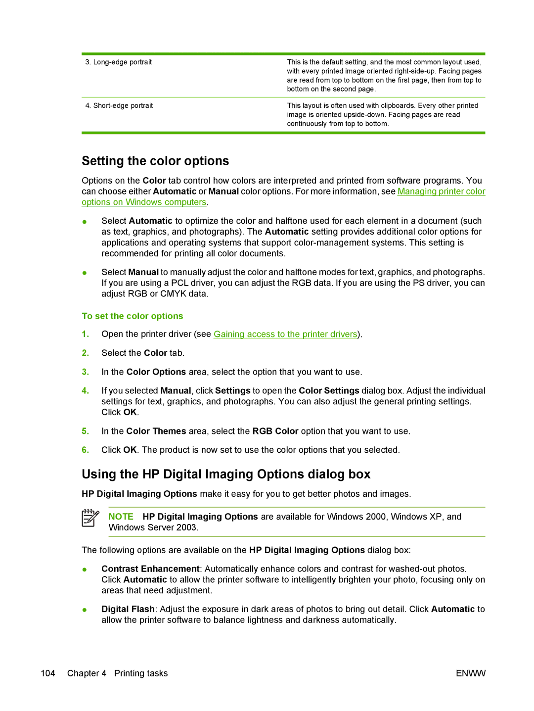 HP CP4005 manual Setting the color options, Using the HP Digital Imaging Options dialog box, To set the color options 