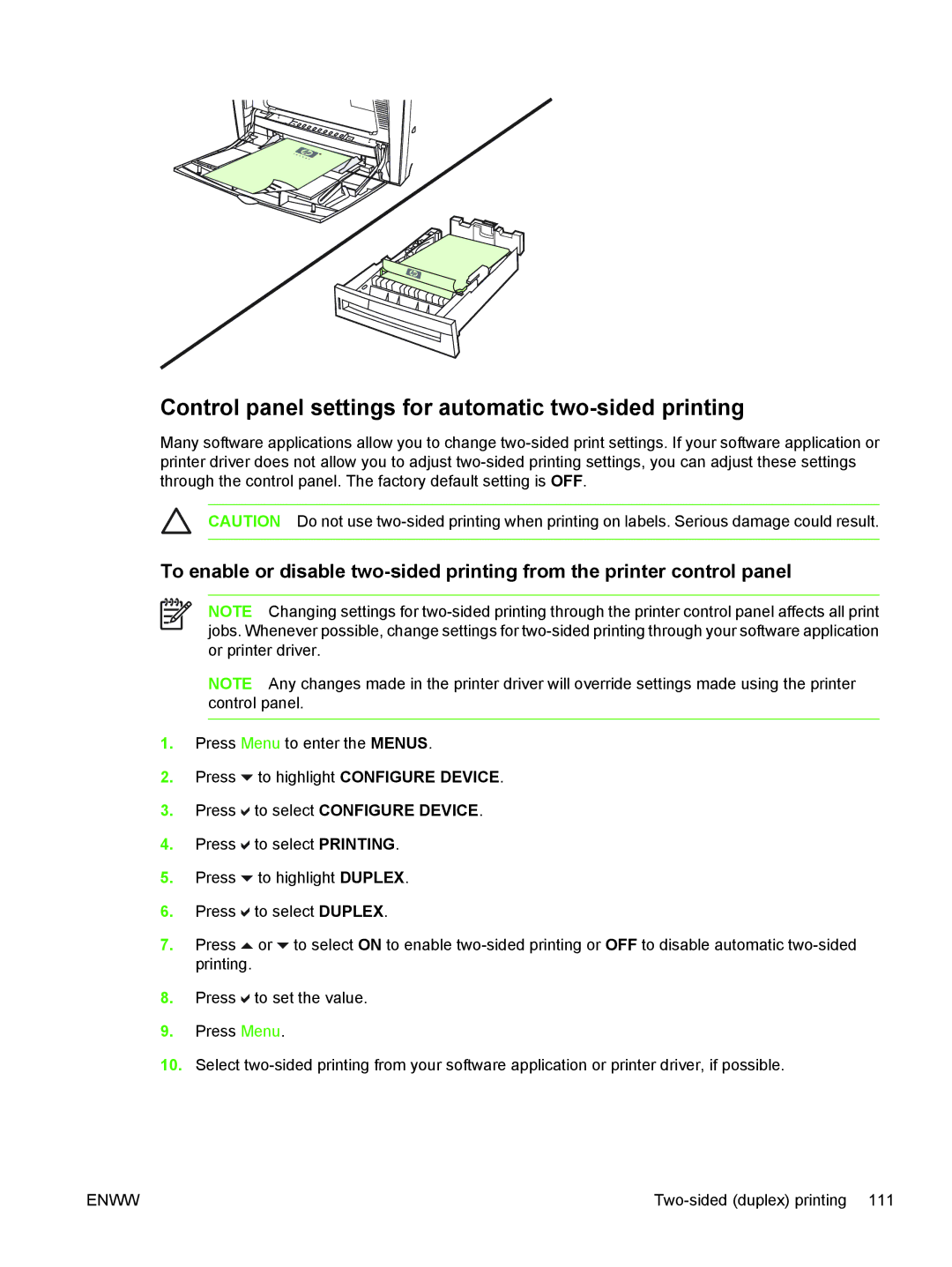 HP CP4005 manual Control panel settings for automatic two-sided printing 