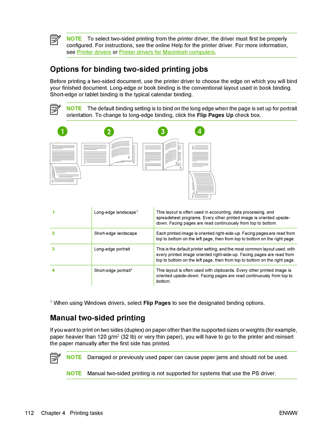 HP CP4005 manual Options for binding two-sided printing jobs, Manual two-sided printing 