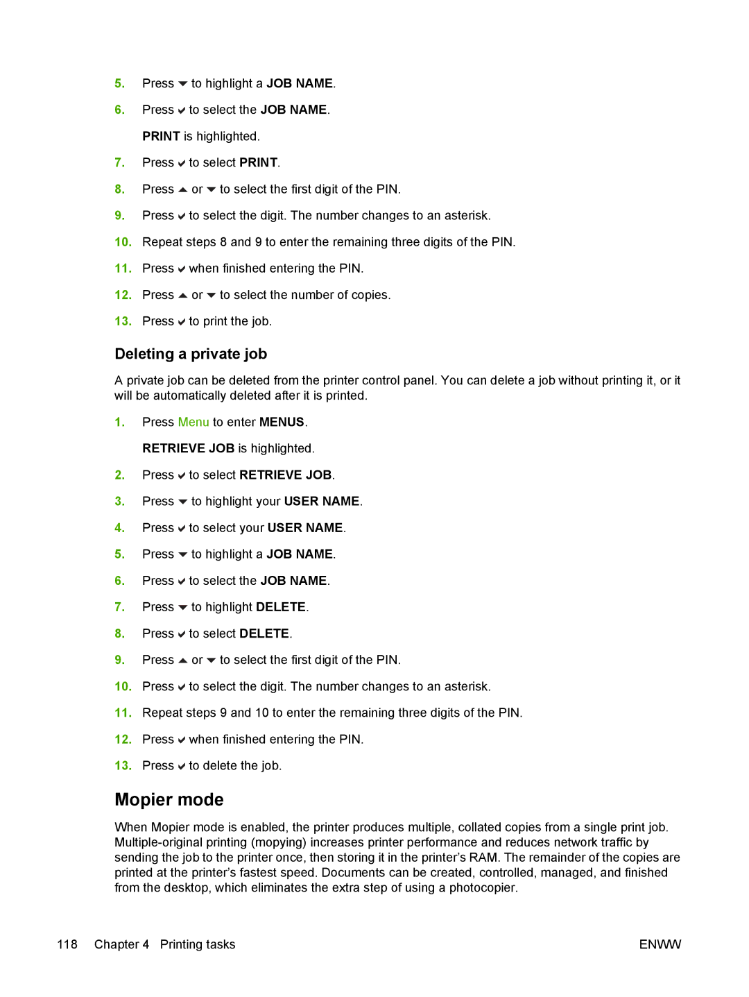 HP CP4005 manual Mopier mode, Deleting a private job 