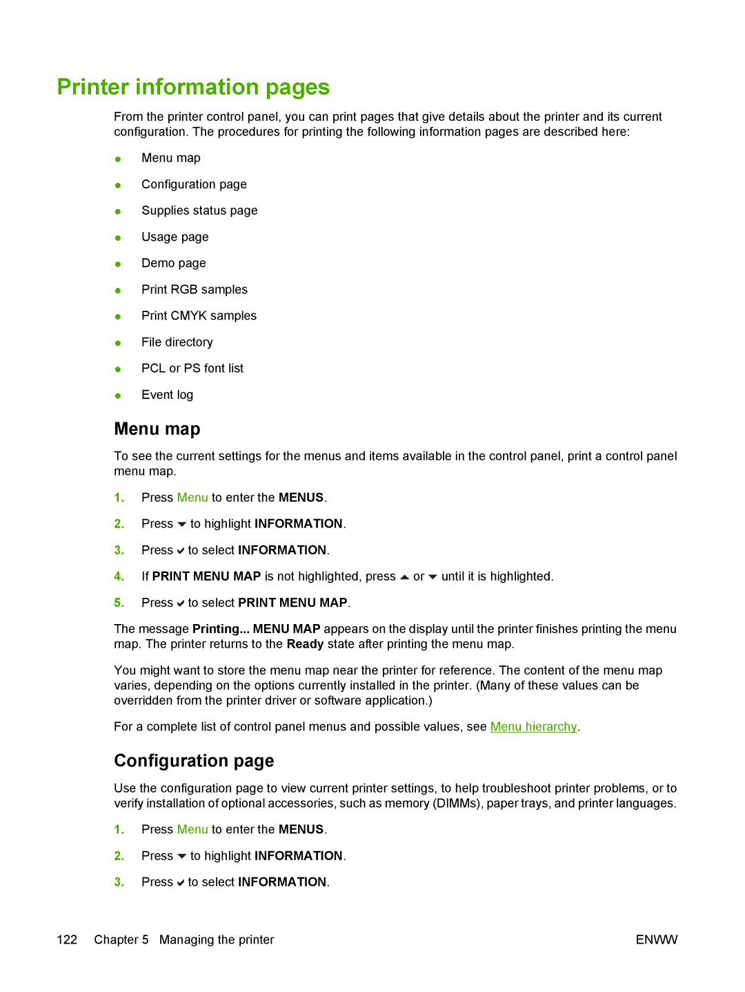 HP CP4005 manual Printer information pages, Menu map, Configuration 