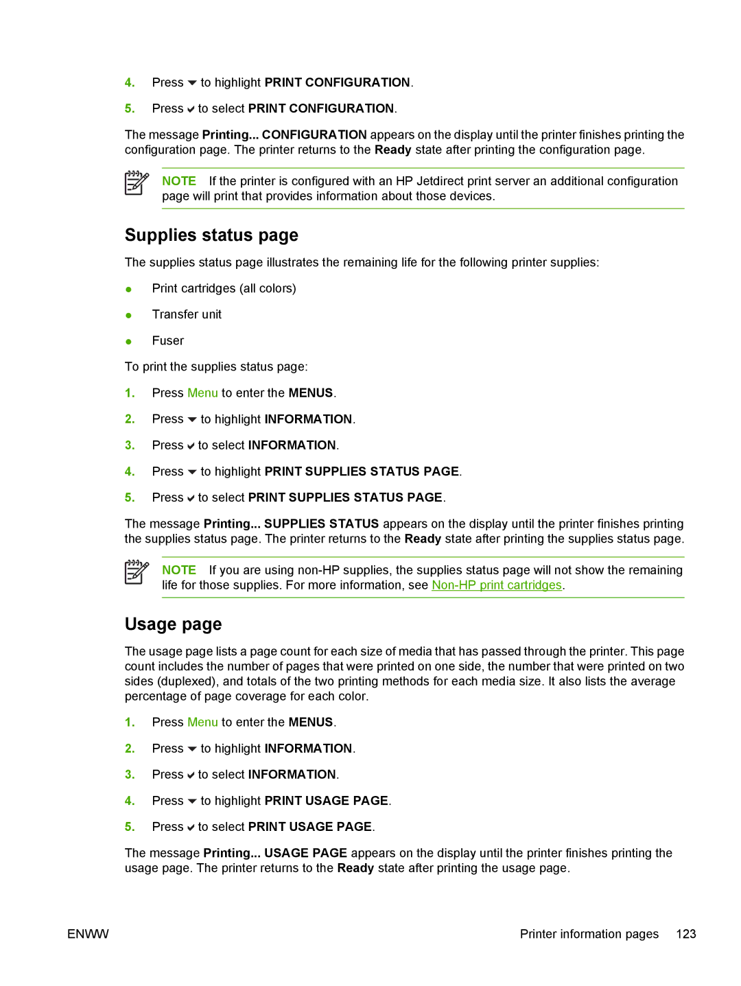 HP CP4005 manual Supplies status, Usage, Press to select Print Configuration 
