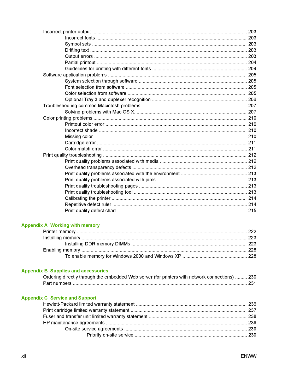 HP CP4005 manual Appendix a Working with memory, Appendix B Supplies and accessories, Appendix C Service and Support 