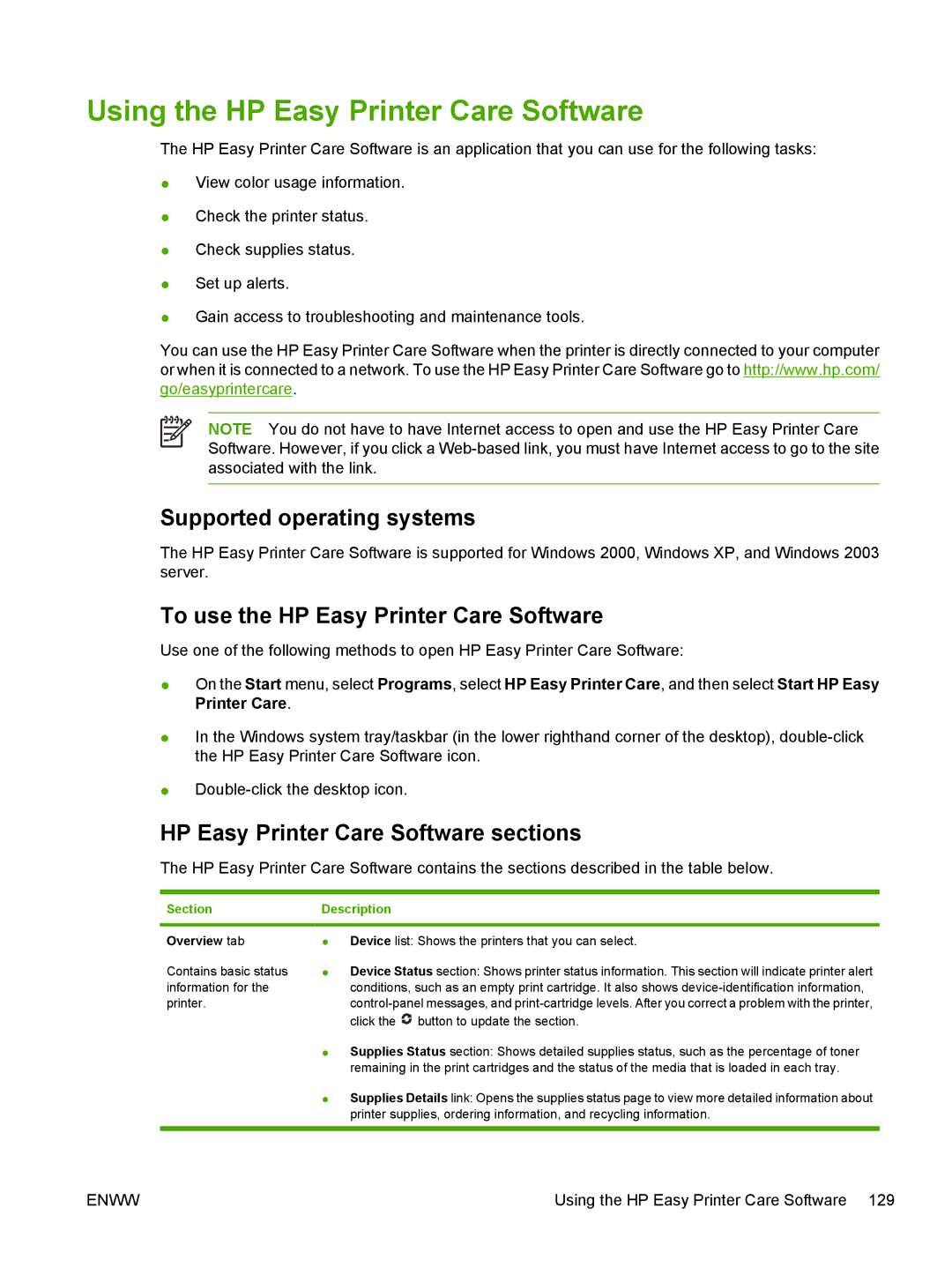 HP CP4005 Using the HP Easy Printer Care Software, Supported operating systems, To use the HP Easy Printer Care Software 