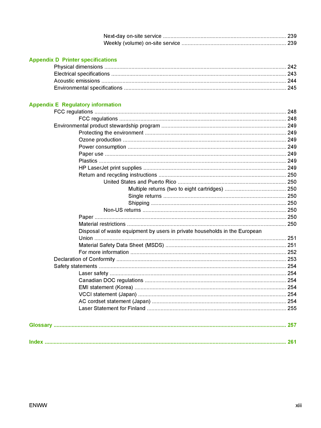 HP CP4005 manual Appendix D Printer specifications, Appendix E Regulatory information, 257, 261 