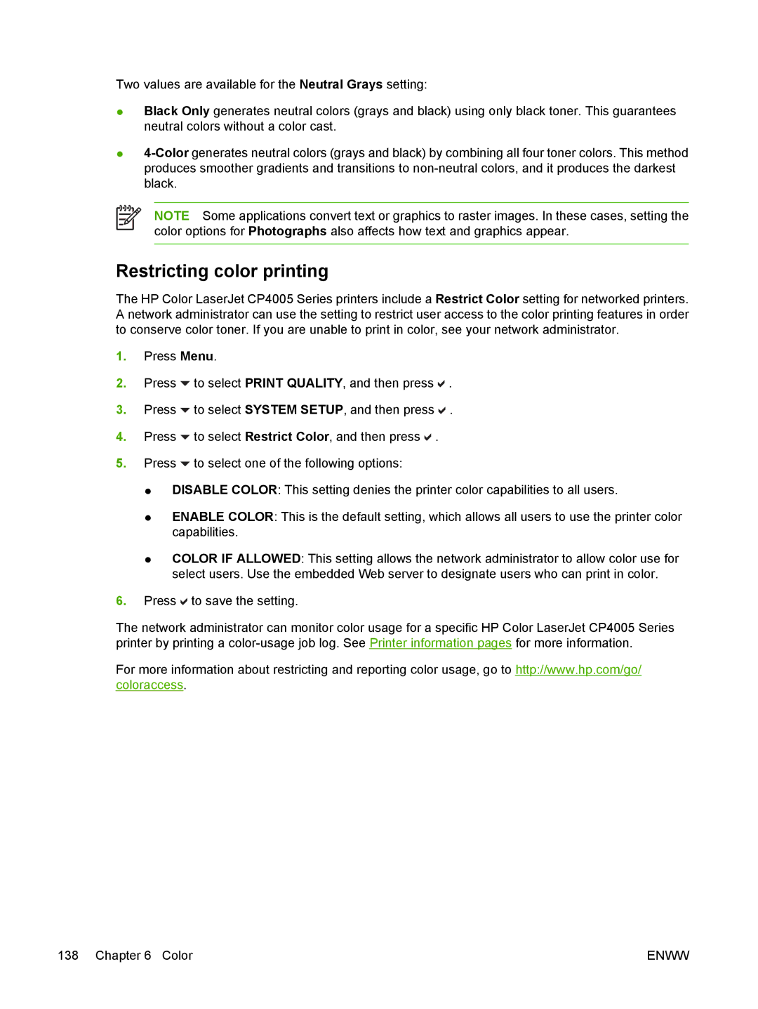 HP CP4005 manual Restricting color printing 