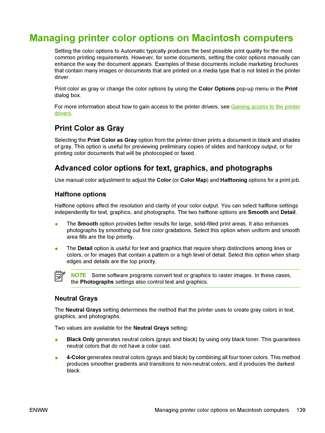 HP CP4005 Managing printer color options on Macintosh computers, Print Color as Gray, Halftone options, Neutral Grays 