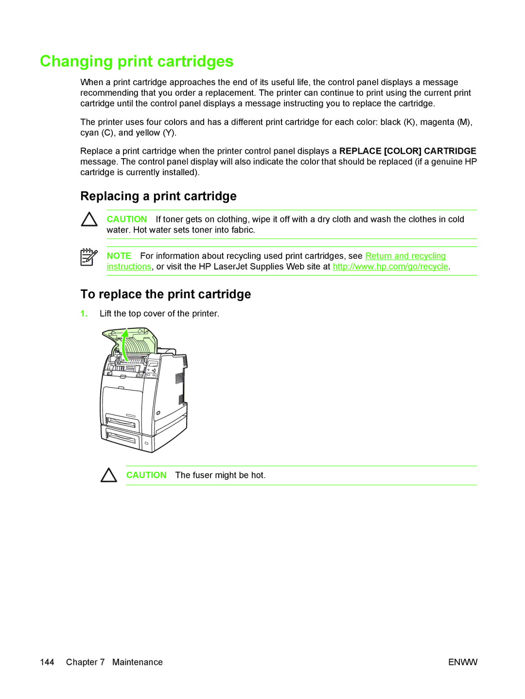 HP CP4005 manual Changing print cartridges, Replacing a print cartridge To replace the print cartridge 