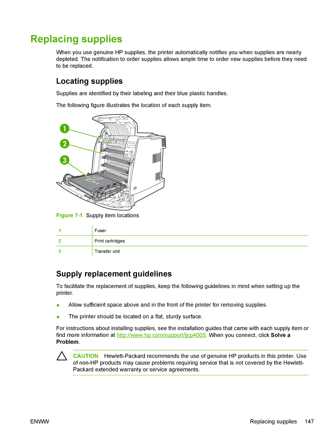 HP CP4005 manual Replacing supplies, Locating supplies, Supply replacement guidelines 