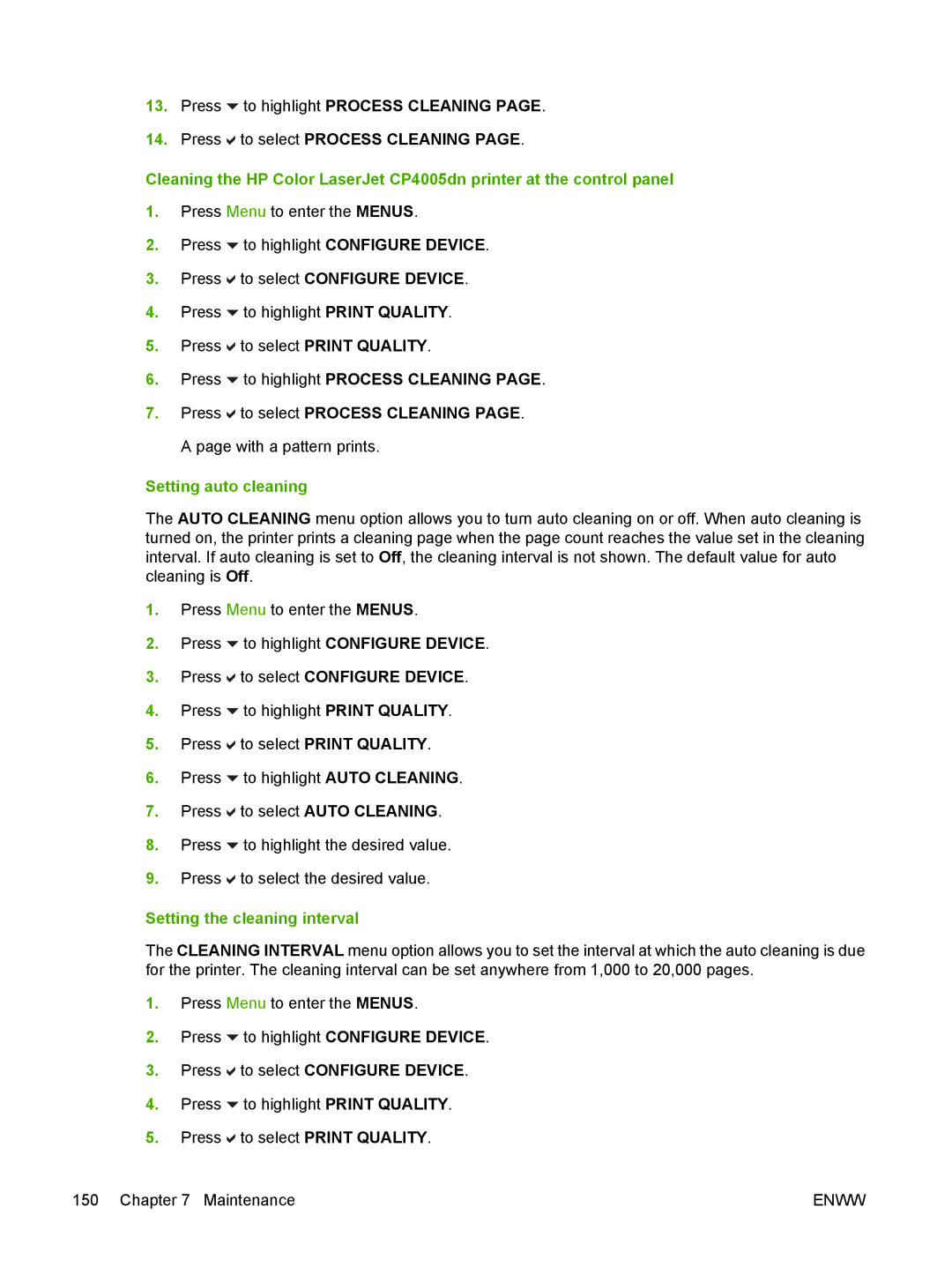 HP CP4005 manual Press to select Process Cleaning, Setting auto cleaning, Setting the cleaning interval 