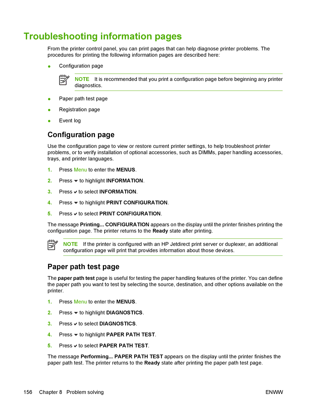 HP CP4005 manual Troubleshooting information pages, Paper path test 