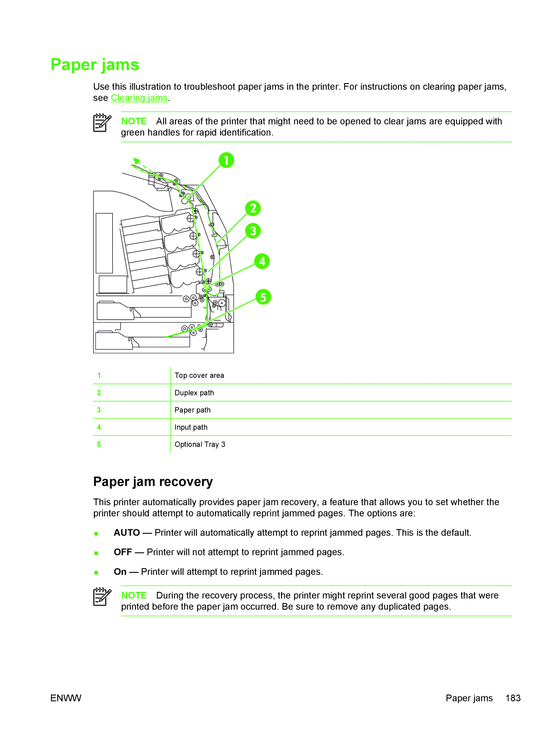 HP CP4005 manual Paper jams, Paper jam recovery 