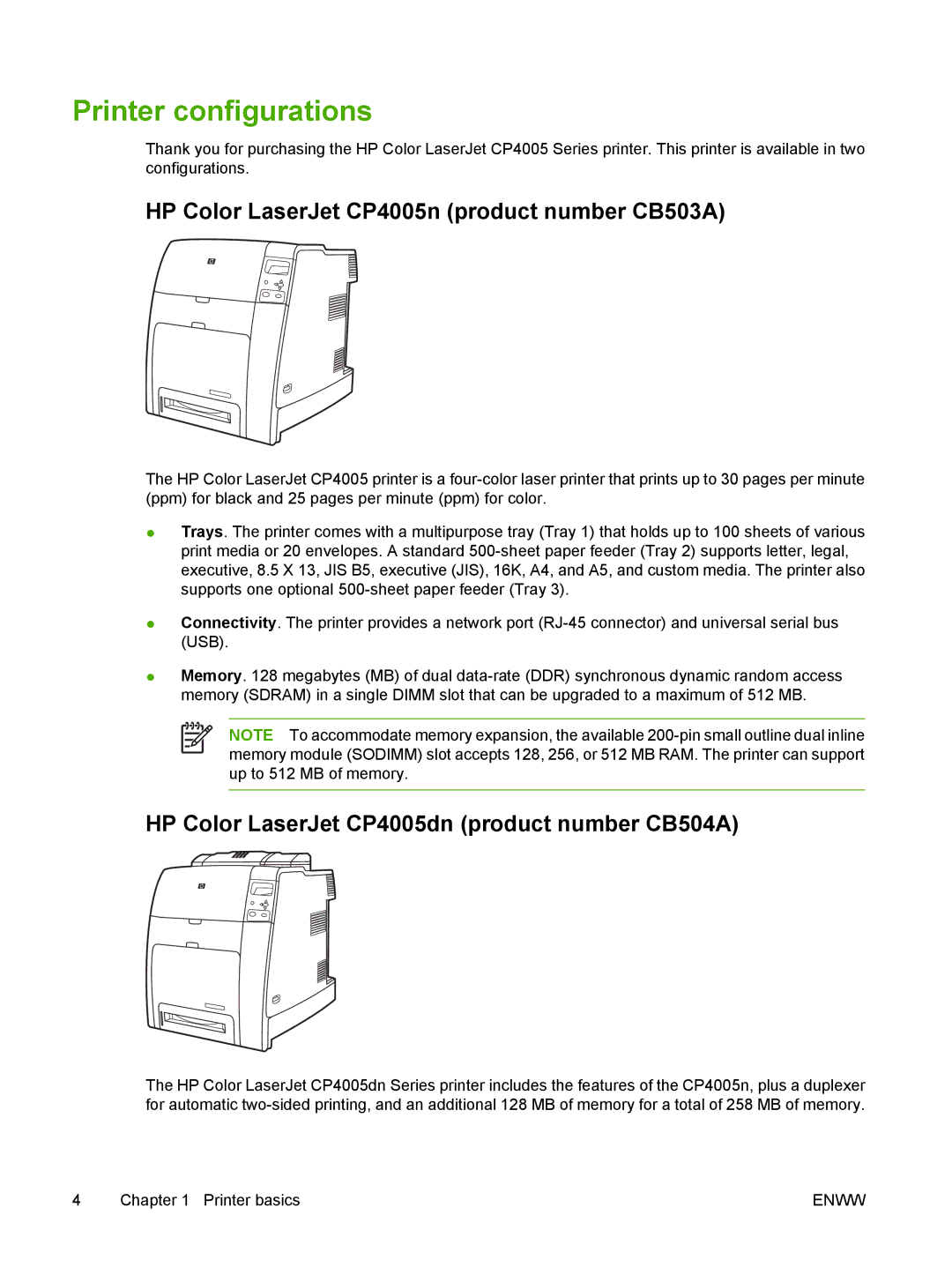 HP manual Printer configurations, HP Color LaserJet CP4005n product number CB503A 