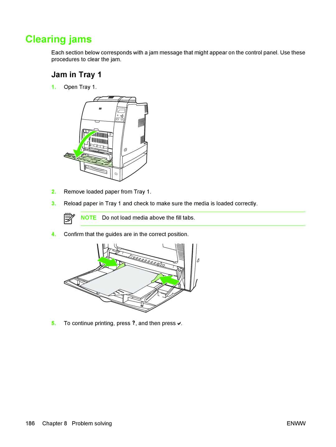 HP CP4005 manual Clearing jams, Jam in Tray 